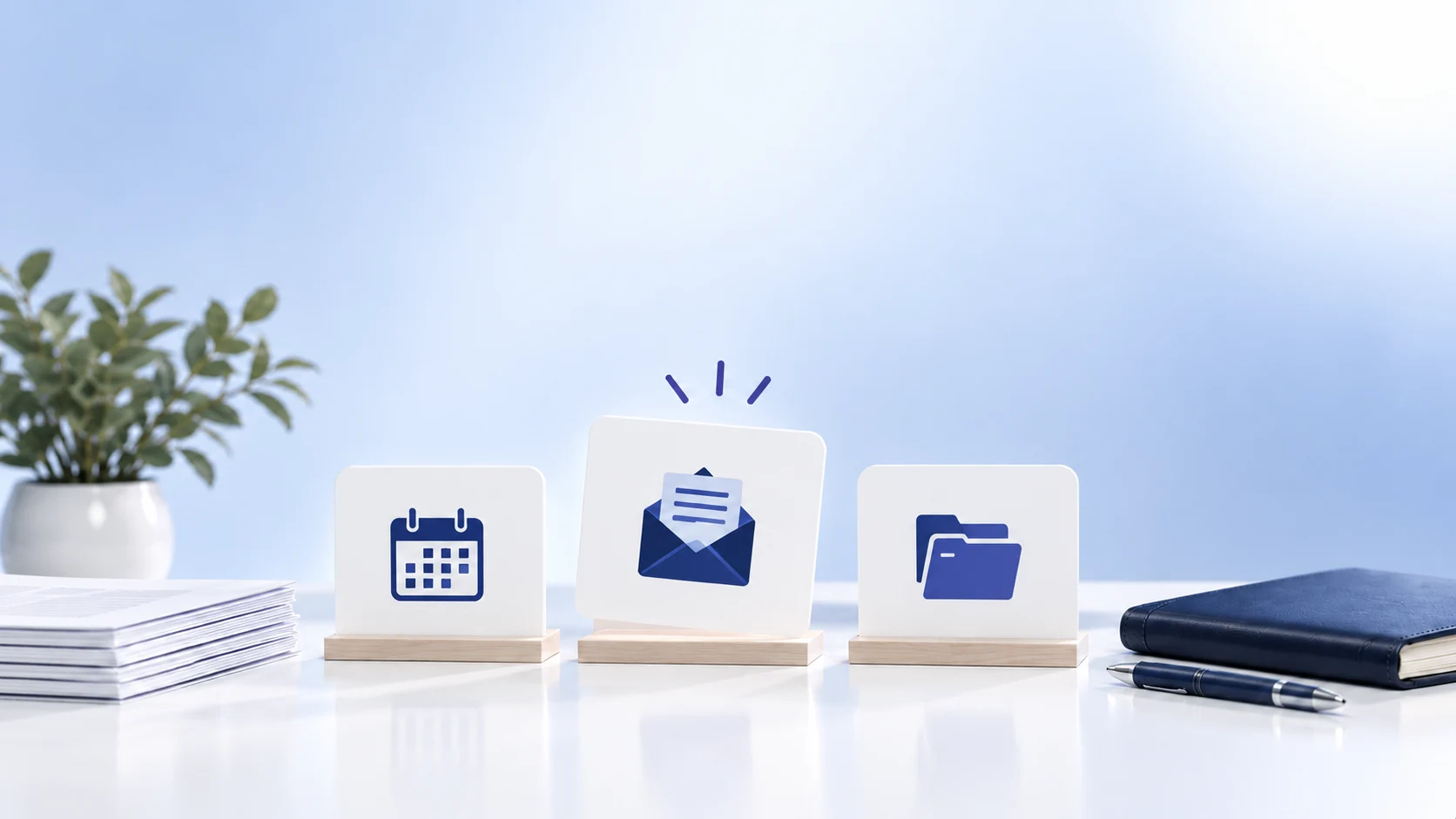 Trois fiches de tâches : calendrier, email sélectionné et dossier, sur un bureau bleu et blanc.
