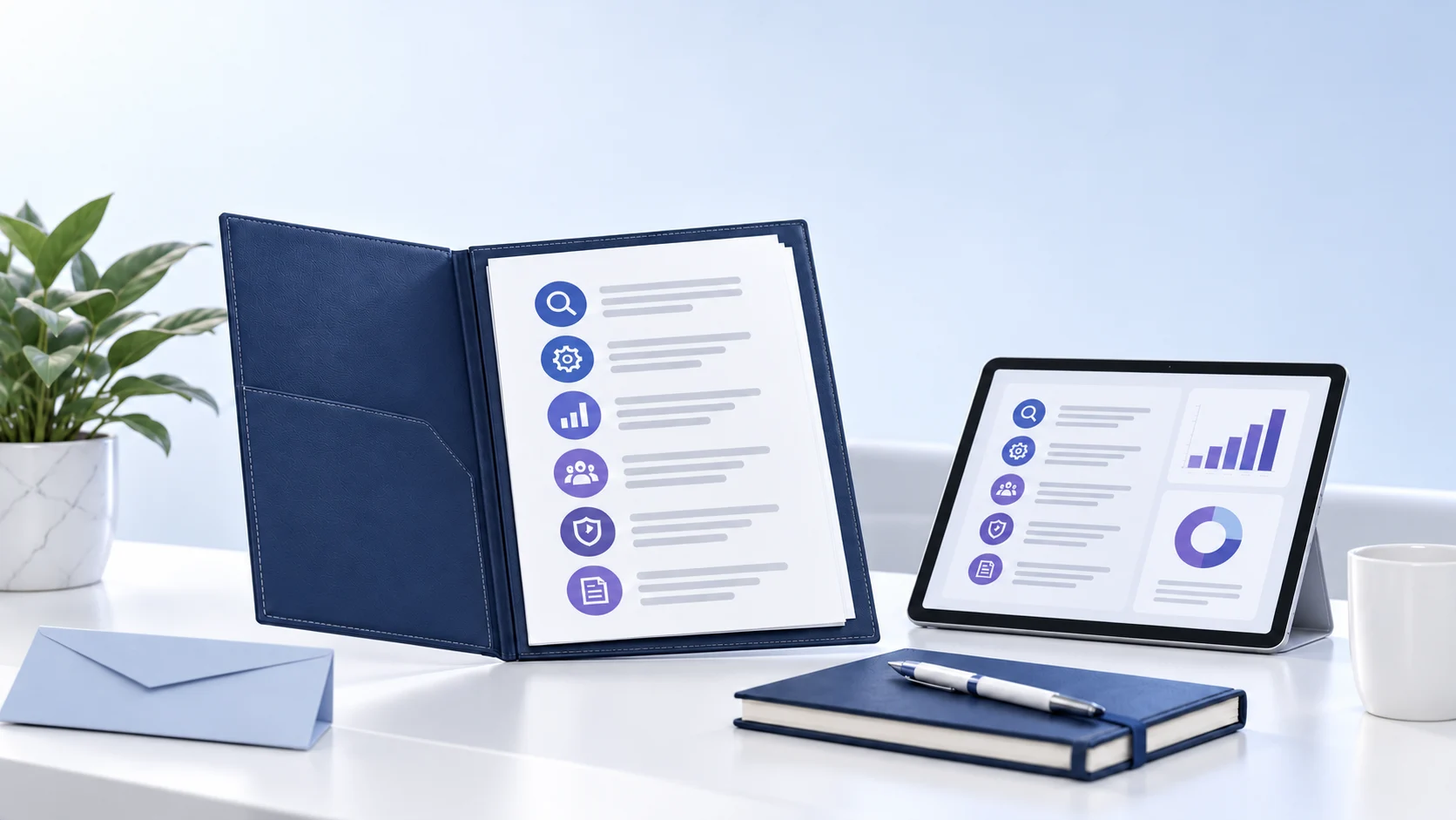 Un dossier d’audit ouvert avec une liste de vérification et une tablette.